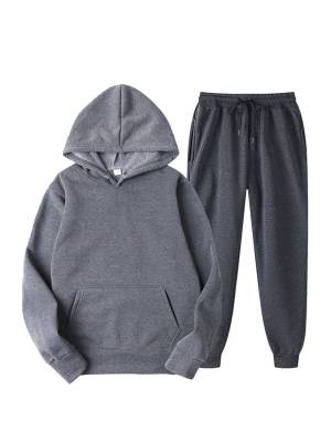 Men 2pcs Solid Color Long Sleeve Hooded Sweatshirt and Sweatpants Sports Set