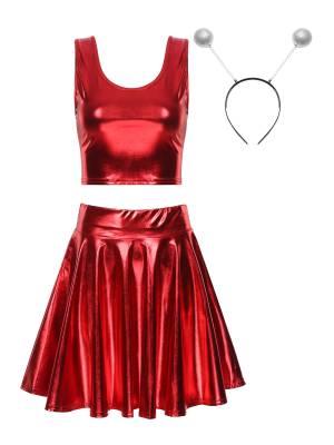Women 3pcs Metallic Crop Top and Pleated A-line Skirt with Headband Dance Set front image