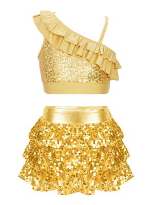 Kids Girls 2pcs Sequin Crop Top and Culottes Jazz Dance Set front image