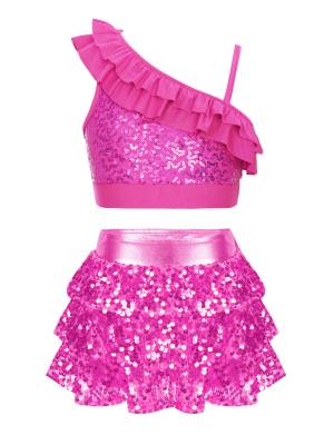 Kids Girls 2pcs Sequin Crop Top and Culottes Jazz Dance Set