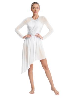Women Sparkly Sequins Long Sleeve Lyrical Dance Dress