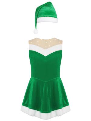 Kids Girls Christmas Sleeeveless Velvet Leotard Dress with Hat front image