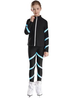 Kids Girls 2pcs Stripe Long Sleeve Zipper Sweatshirt and Leggings Sports Set front image