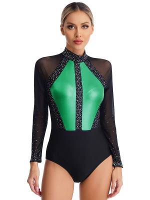 Women Sparkling Rhinestones Leotard Long Sleeve Gymnastics Bodysuit front image