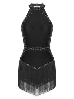 Women Shiny Rhinestones Sleeveless Tassel Latin Dance Leotard