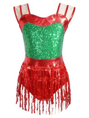 Kids Girls Christmas Sleeveless Sequins Tassels Bodysuit front image
