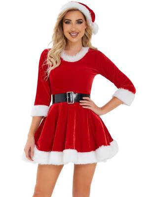 Women Christmas Velvet 3/4 Sleeve A-Line Dress with Belt and Hat front image