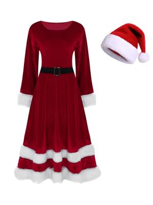 Women 2pcs Christmas Long Sleeve Scoop Neck Velvet Faux Fur Dress with Santa Hat front image