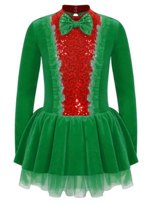 Kids Girls Christmas Long Sleeve Bow Sequins Tutu Dress
