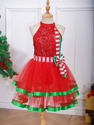 Kids Girls Christmas Sleeveless Halter Neck Sequins Stripes Ball Gown Tutu Dress front image