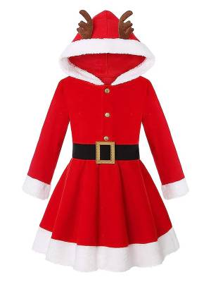Kids Girls Christmas Reindeer Long Sleeve Hooded Fleece A-line Dress with Belt front image