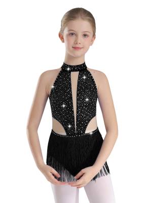 Kids Girls Sparkly Rhinestone Sleeveless Tassel Latin Dance Leotard