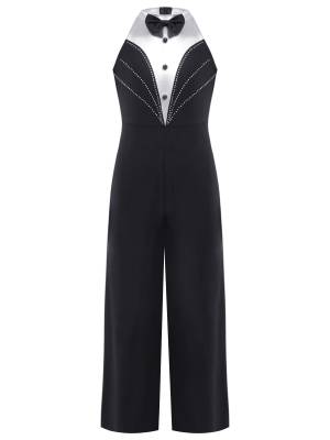 Kids Girls Metallic Sleeveless Bow Tie Jumpsuit for Jazz Dance front image
