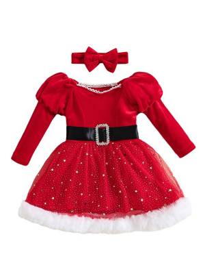Toddler Girls Christmas Santa Claus Long Sleeve Velvet Tutu Dress with Headband front image