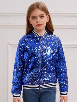 Kids Girls Sequin Baseball Jackets Coat Zip Up Outerwear front image