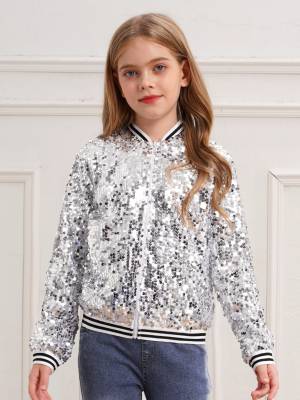 Kids Girls Sequin Baseball Jackets Coat Zip Up Outerwear