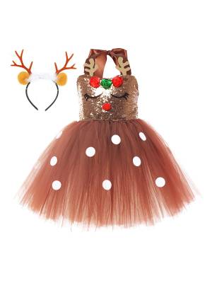 Kids Girls Christmas Reindeer Sleeveless Sequins Tutu Dress with Hairband front image