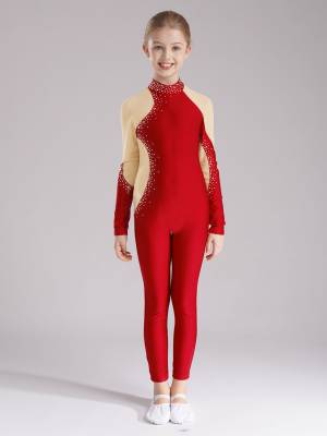 Kids Girls Gymnastics Costume Long Sleeve Rhinestones Dance Unitard