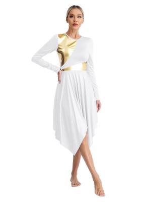 Women Long Sleeve Metallic Asymmetrical Praise Dance Dress