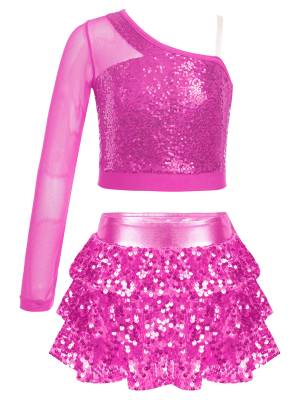 Kids Girls 2pcs Sequins One Shoulder Crop Top and Skirt Jazz Dance Set front image