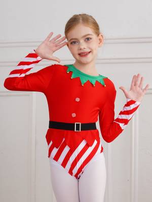 Kids Girls Christmas Long Sleeve Stripes Dance Leotard with Belt front image