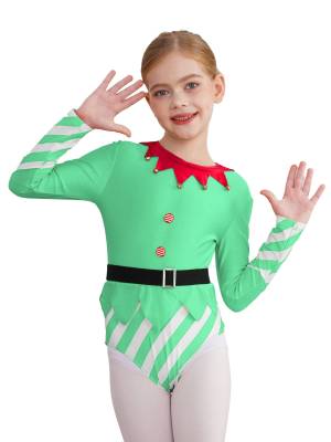 Kids Girls Christmas Long Sleeve Stripes Dance Leotard with Belt