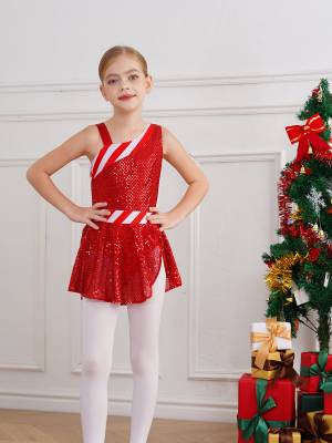 Kids Girls Christmas Sleeveless Sequins Dance Leotard Dress front image