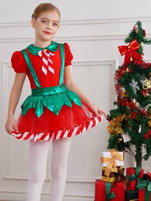 Kids Girls Christmas Puff Sleeve Bow Stripes Tutu Dress front image