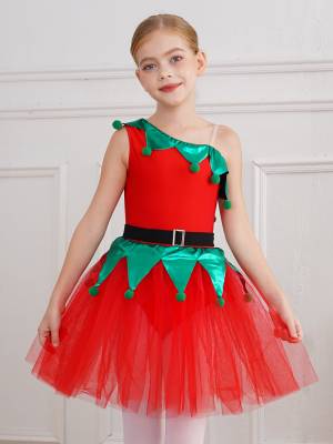Kids Girls Christmas One Shoulder Sleeveless Pom Poms Mesh Tutu Dress with Belt front image