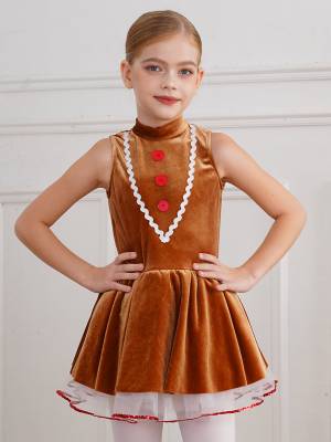 Kids Girls Christmas Gingerbread Man Sleeveless Velvet Tutu Dress front image