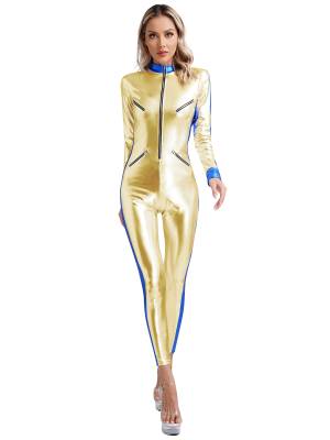 Women Long Sleeve Front Zip Metallic Galaxy Astronaut Costume Jumpsuit