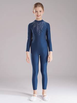 Kids Girls Long Sleeve Glittery Rhinestones Gymnastics Unitard front image
