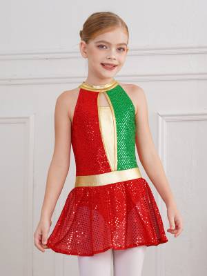 Kids Girls Christmas Halter Neck Sleeveless Sequins Latin Dance Leotard Dress front image