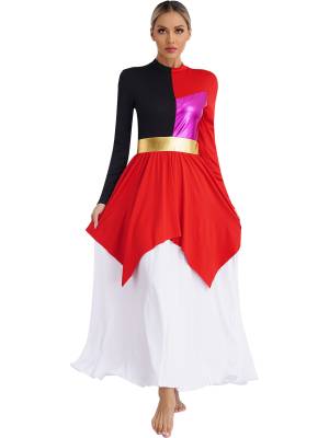 Women Liturgical Dance Dresses Metallic Contrast Color Long Sleeve