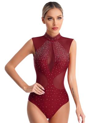 Women Sparkly Rhinestones Sleeveless Cutout Back Figure Skating Leotard