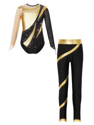 Kids Girls 2pcs Long Sleeve Metallic Leotard and Pants Set for Skating Gymnastic front image