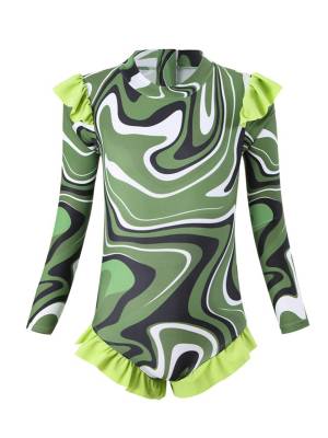 Kids Girls Long Sleeve Ruffle UPF 50+ One Piece Swimsuit
