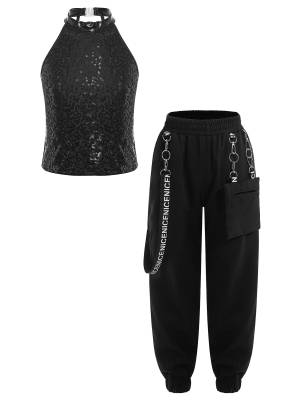 Kids Girls 2pcs Halter Sleeveless Sequin Crop Top and Pants Set for Jazz Dance front image