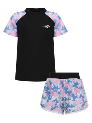 Girls Two Pieces Swimsuit Short Sleeve Swim T-shirt and Shorts Set