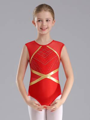Kids Girls Sleeveless Glittery Rhinestones Gymnastics Leotard