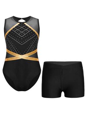Kids Girls 2pcs Sleeveless Rhinestones Leotard and Shorts Gymnastic Sets