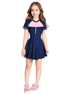 Girls Short Sleeve Color Block A-line Swimming Dress front image