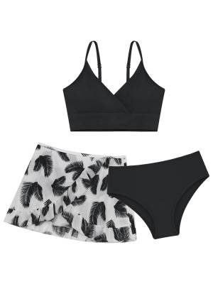 Kids Girls 3pcs Padded Bikini Set with Floral Skirt