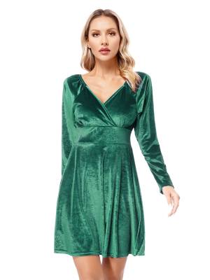 Women Velvet V Neck Long Sleeve Cocktail Dress