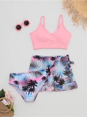 Kids Girls 3pcs Padded Bikini Set with Floral Skirt front image