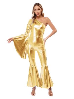 Women Metallic One Shoulder Flare Sleeve Bell-Bottom Jazz Dance Unitard