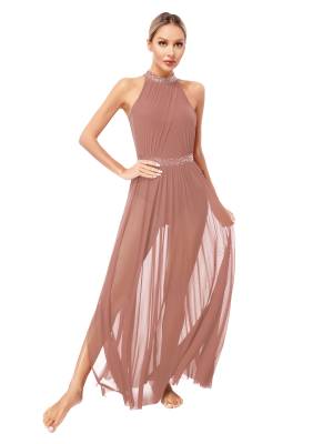 Women Sleeveless Rhinestones Side Slit Mesh Lyrical Dance Maxi Dress