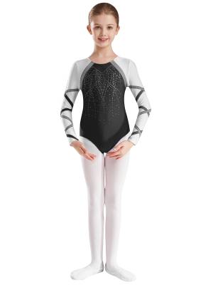 Kids Girls Long Sleeve Round Neck Glittery Rhinestones Gymnastics Leotard