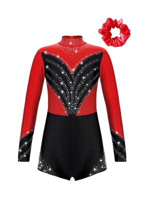 Kids Girls Long Sleeve Mock Neck Rhinestones Gymnastic Unitard with Headwear front image