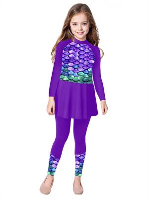 Kids Girls Long Sleeve Fish Scales Floral Print Swimsuit Dress front image